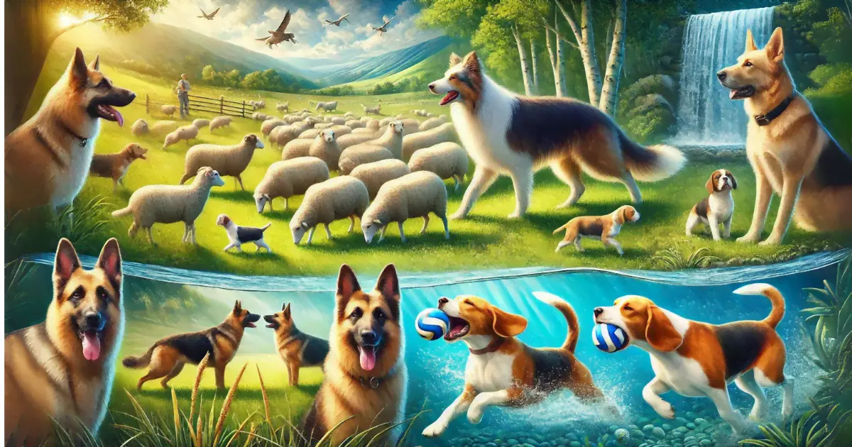 Fascinating Dog Facts for Kids, Breeds, Behavior, and Beyond 14 "Various dog breeds showcasing their unique skills: herding sheep, retrieving in water, and tracking."